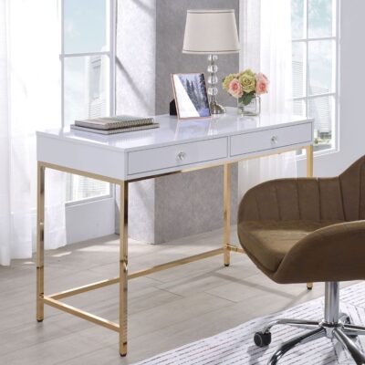 Bester White Lacquer Desk With Gold Finish Base